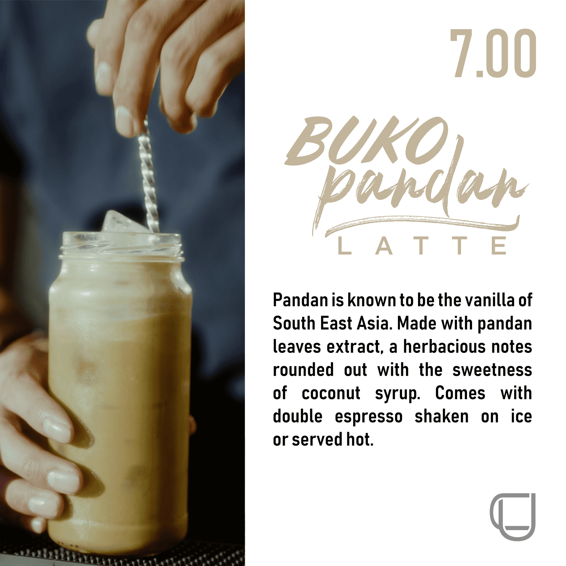 Hand stirring iced Buko Pandan Latte with description and price in background.