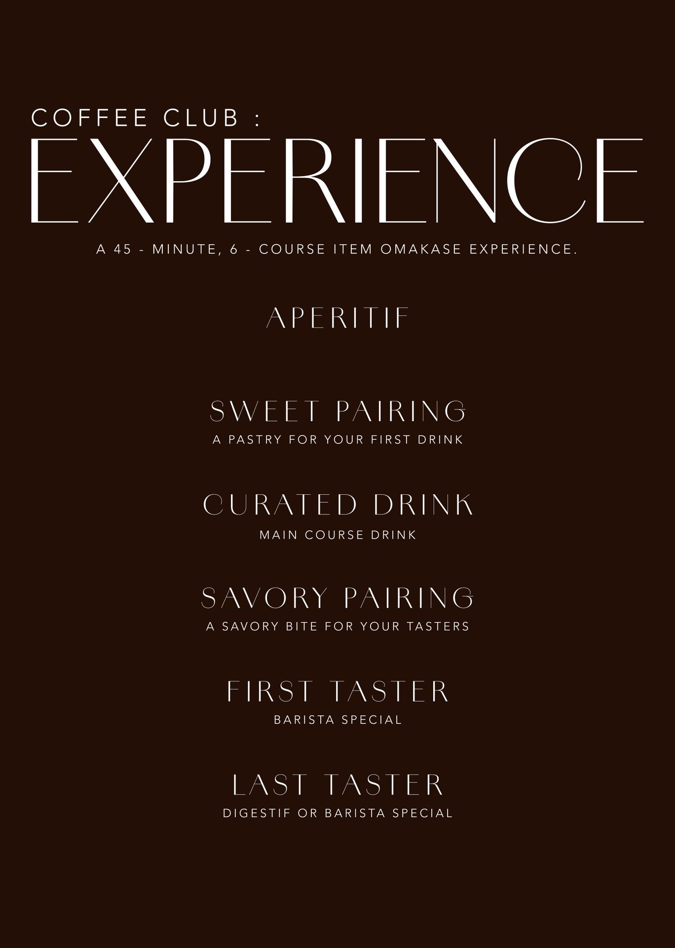 Coffee Club Experience menu featuring a 6-course omakase with pairings and tasters.