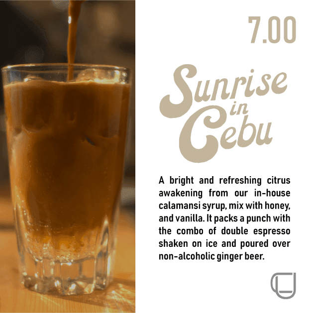 Glass of espresso drink with text describing the Sunrise in Cebu beverage ingredients and price.