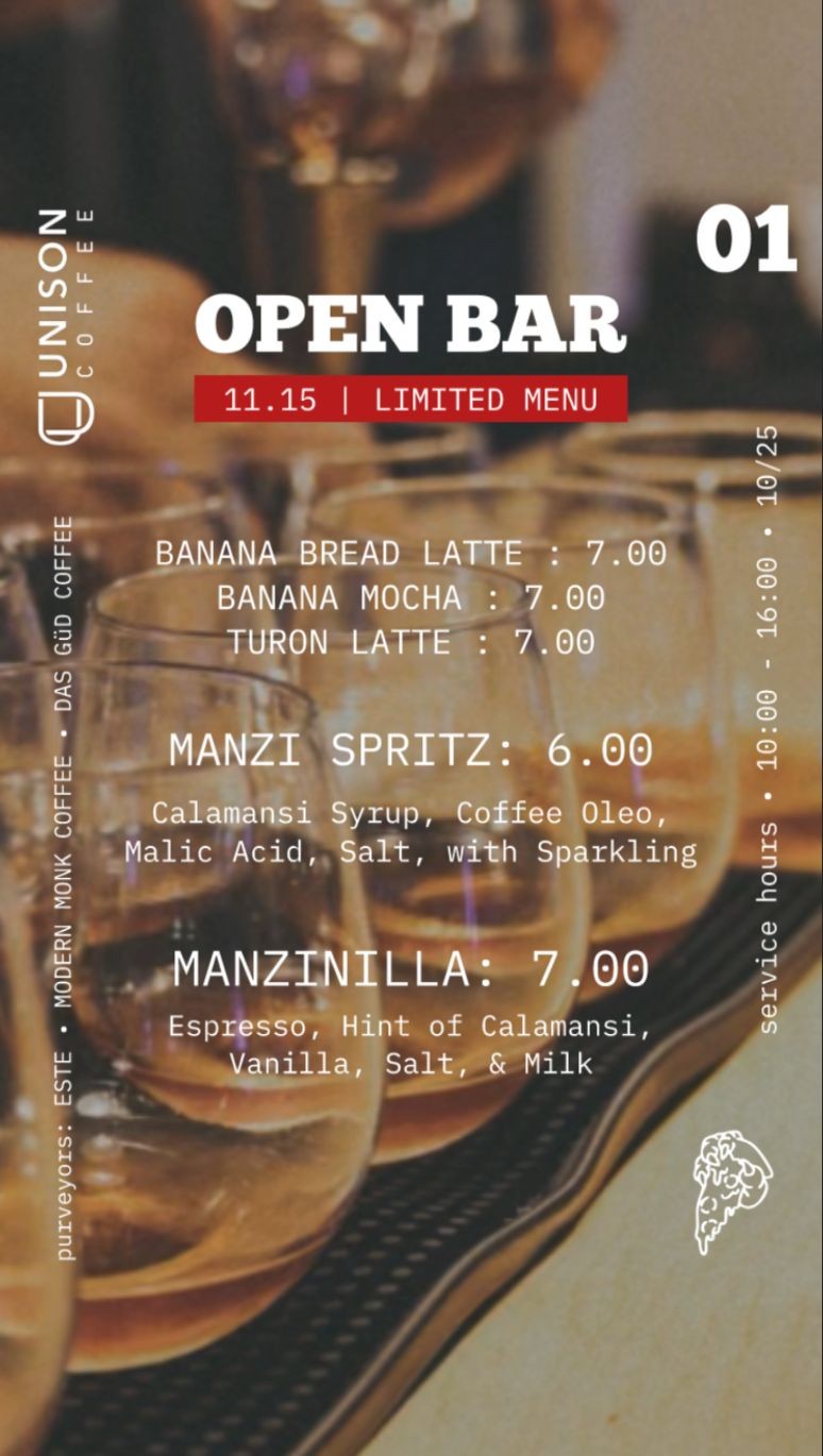 Coffee shop menu featuring various lattes, special drinks, and service hours.